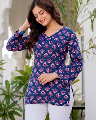 Navy blue floral printed cotton tunic short kurti top for women 4