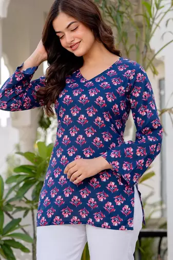 Navy blue floral printed cotton tunic short kurti top for women