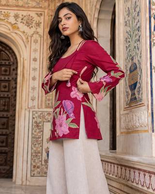 Maroon floral printed cotton tunic short kurti top for women 3