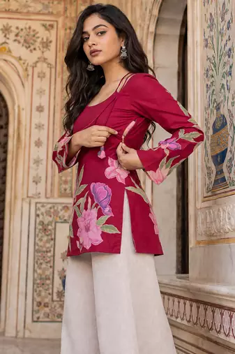 Maroon floral printed cotton tunic short kurti top for women