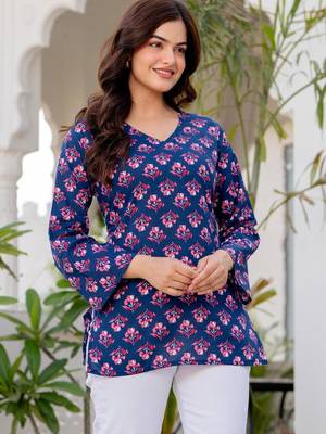 Navy blue floral printed cotton tunic short kurti top for women 5