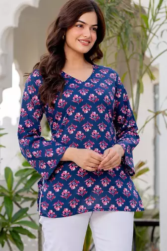 Navy blue floral printed cotton tunic short kurti top for women
