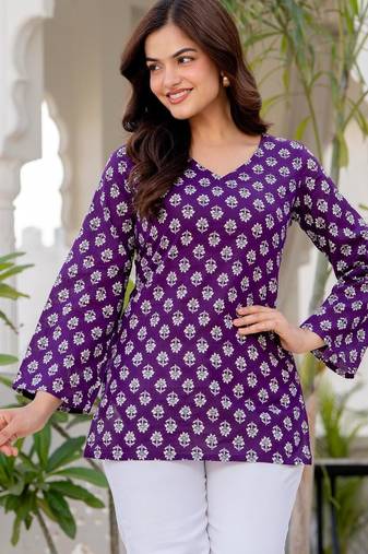 Purple floral printed cotton tunic short kurti top for women