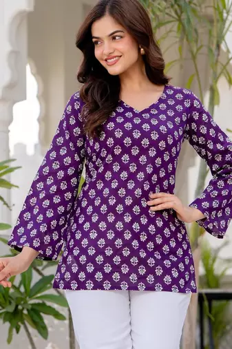Purple floral printed cotton tunic short kurti top for women