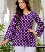 Purple floral printed cotton tunic short kurti top for women
