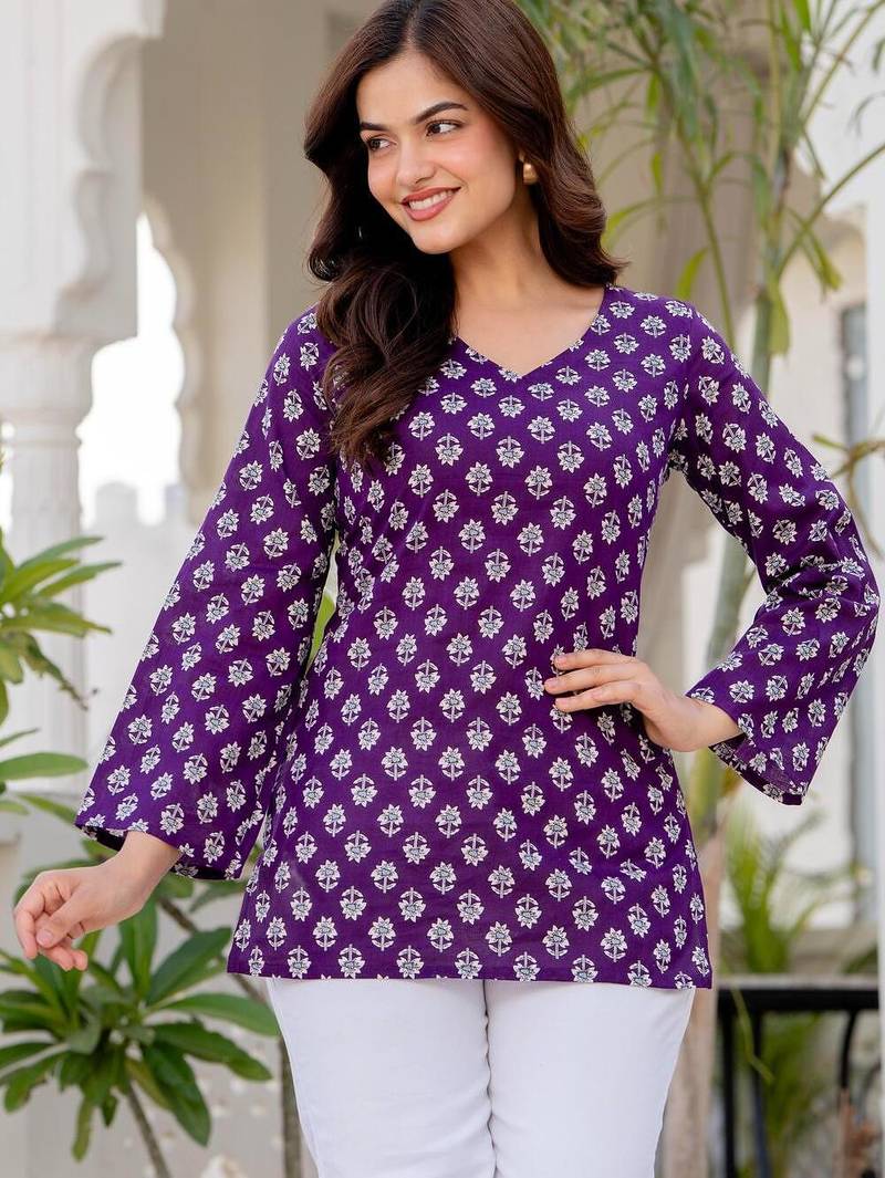 Purple floral printed cotton tunic short kurti top for women