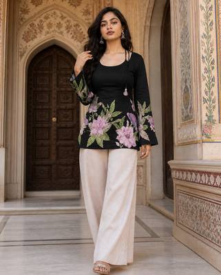 Black floral printed cotton tunic short kurti top for women 4