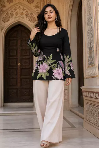Black floral printed cotton tunic short kurti top for women