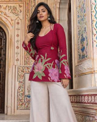 Maroon floral printed cotton tunic short kurti top for women 1