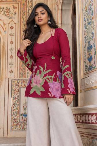 Maroon floral printed cotton tunic short kurti top for women