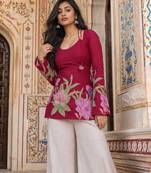 Maroon floral printed cotton tunic short kurti top for women