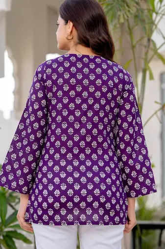 Purple floral printed cotton tunic short kurti top for women