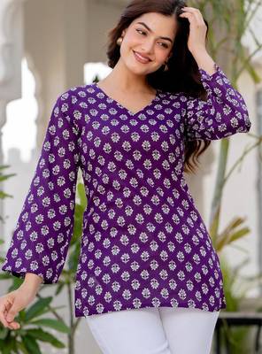 Purple floral printed cotton tunic short kurti top for women 3