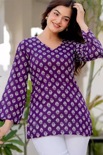 Purple floral printed cotton tunic short kurti top for women