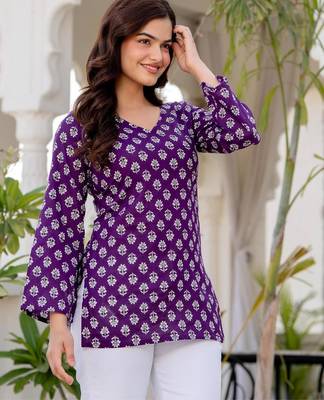 Purple floral printed cotton tunic short kurti top for women 4