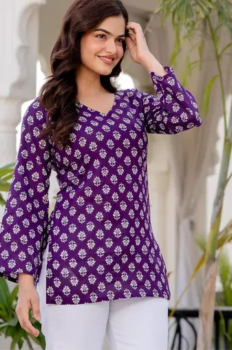 Purple floral printed cotton tunic short kurti top for women