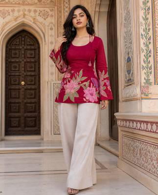 Maroon floral printed cotton tunic short kurti top for women 4