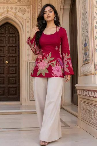 Maroon floral printed cotton tunic short kurti top for women