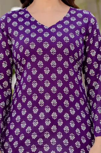 Purple floral printed cotton tunic short kurti top for women