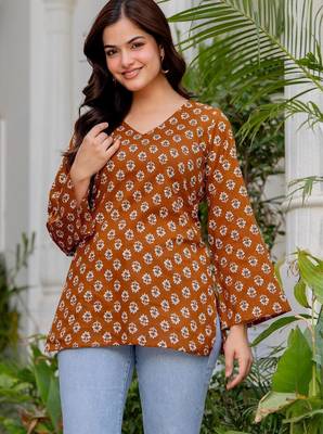 Brown floral printed cotton tunic short kurti top for women 1