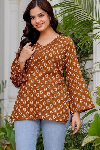 Brown floral printed cotton tunic short kurti top for women