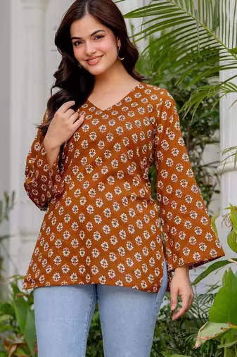 Brown floral printed cotton tunic short kurti top for women