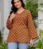 Brown floral printed cotton tunic short kurti top for women