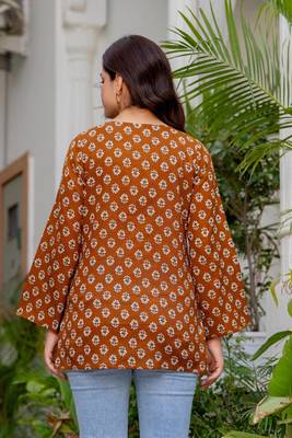 Brown floral printed cotton tunic short kurti top for women 2