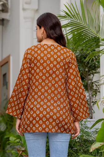 Brown floral printed cotton tunic short kurti top for women