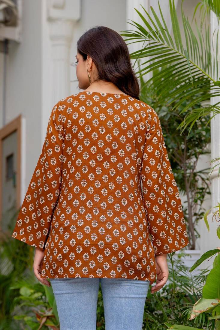 Brown floral printed cotton tunic short kurti top for women