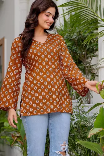 Brown floral printed cotton tunic short kurti top for women