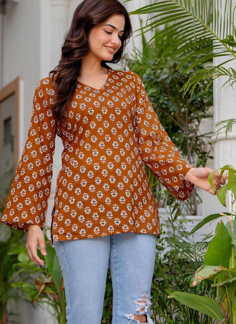Brown floral printed cotton tunic short kurti top for women