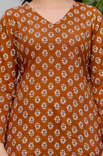 Brown floral printed cotton tunic short kurti top for women