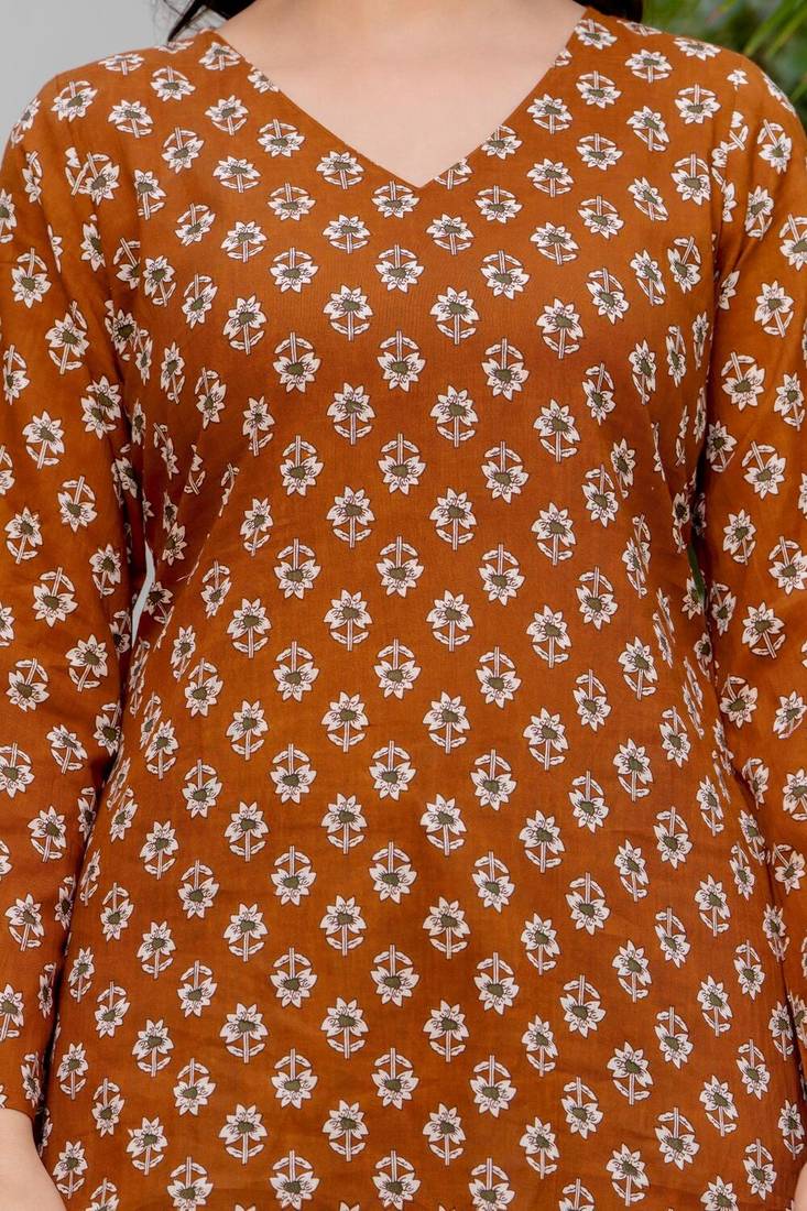 Brown floral printed cotton tunic short kurti top for women