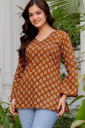 Brown floral printed cotton tunic short kurti top for women