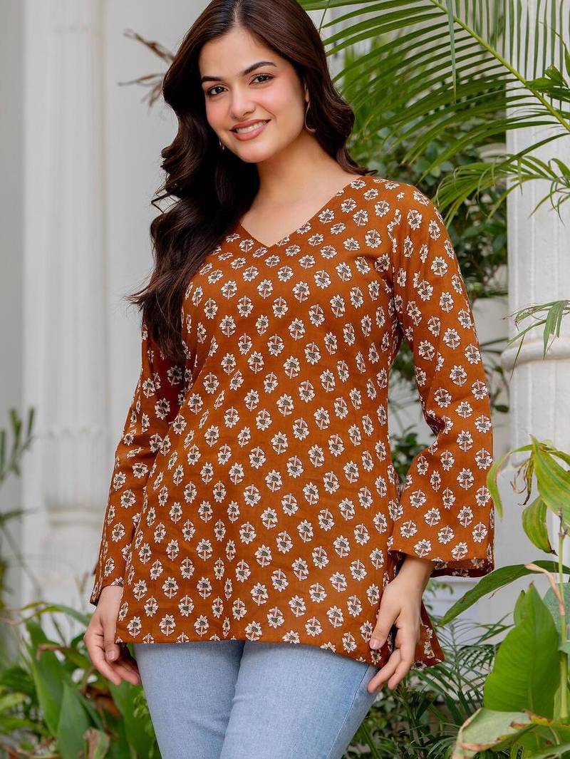 Brown floral printed cotton tunic short kurti top for women