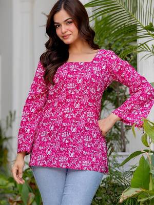 Pink floral printed cotton tunic short kurti top for women 1