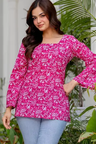 Pink floral printed cotton tunic short kurti top for women