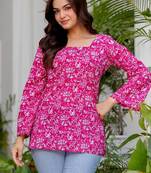 Pink floral printed cotton tunic short kurti top for women