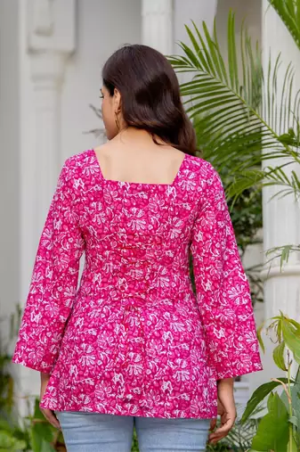 Pink floral printed cotton tunic short kurti top for women