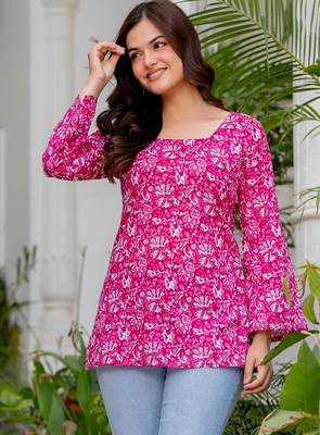Pink floral printed cotton tunic short kurti top for women 3