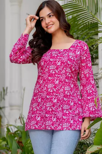 Pink floral printed cotton tunic short kurti top for women