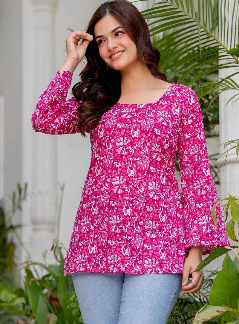 Pink floral printed cotton tunic short kurti top for women