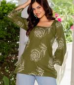 Olive floral printed cotton tunic short kurti top for women