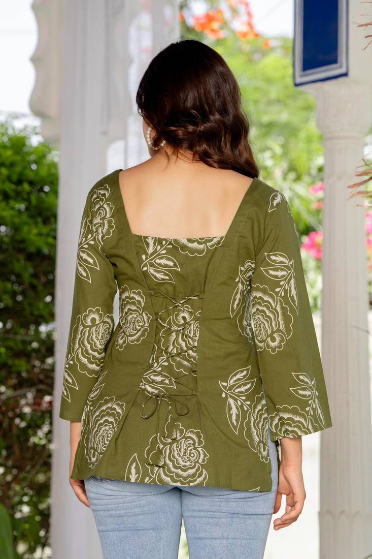 Olive floral printed cotton tunic short kurti top for women
