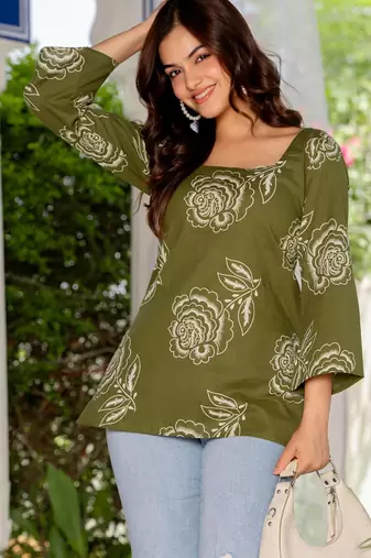 Olive floral printed cotton tunic short kurti top for women