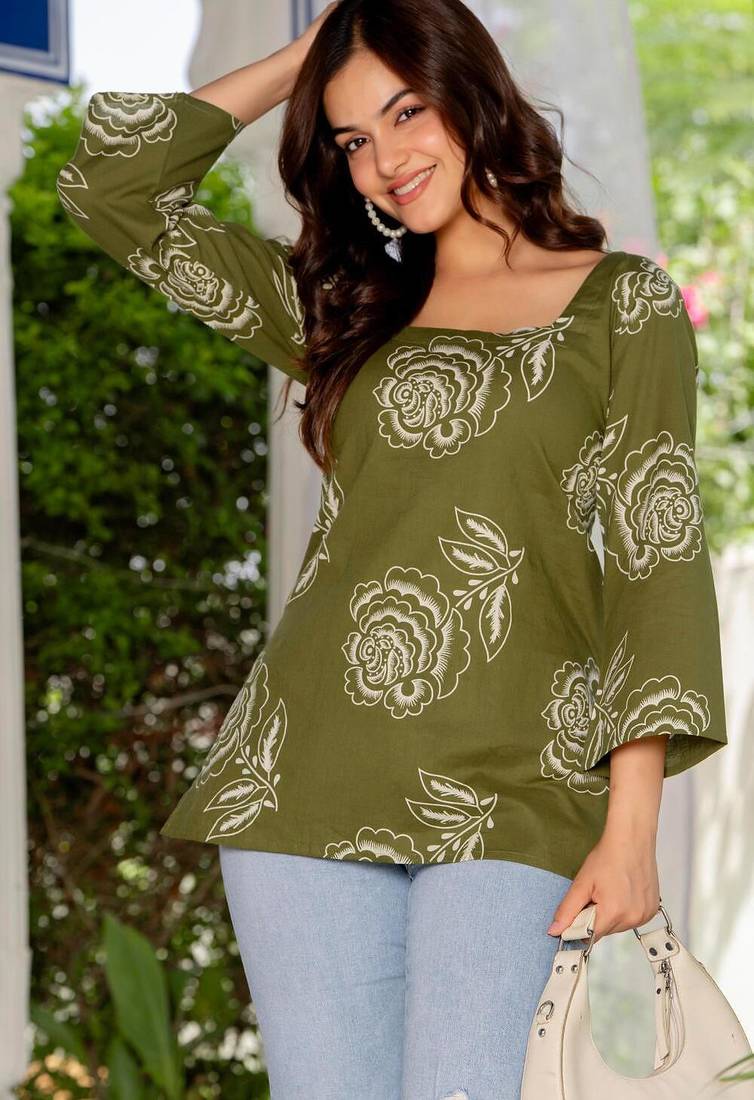Olive floral printed cotton tunic short kurti top for women