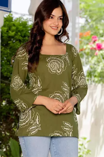 Olive floral printed cotton tunic short kurti top for women