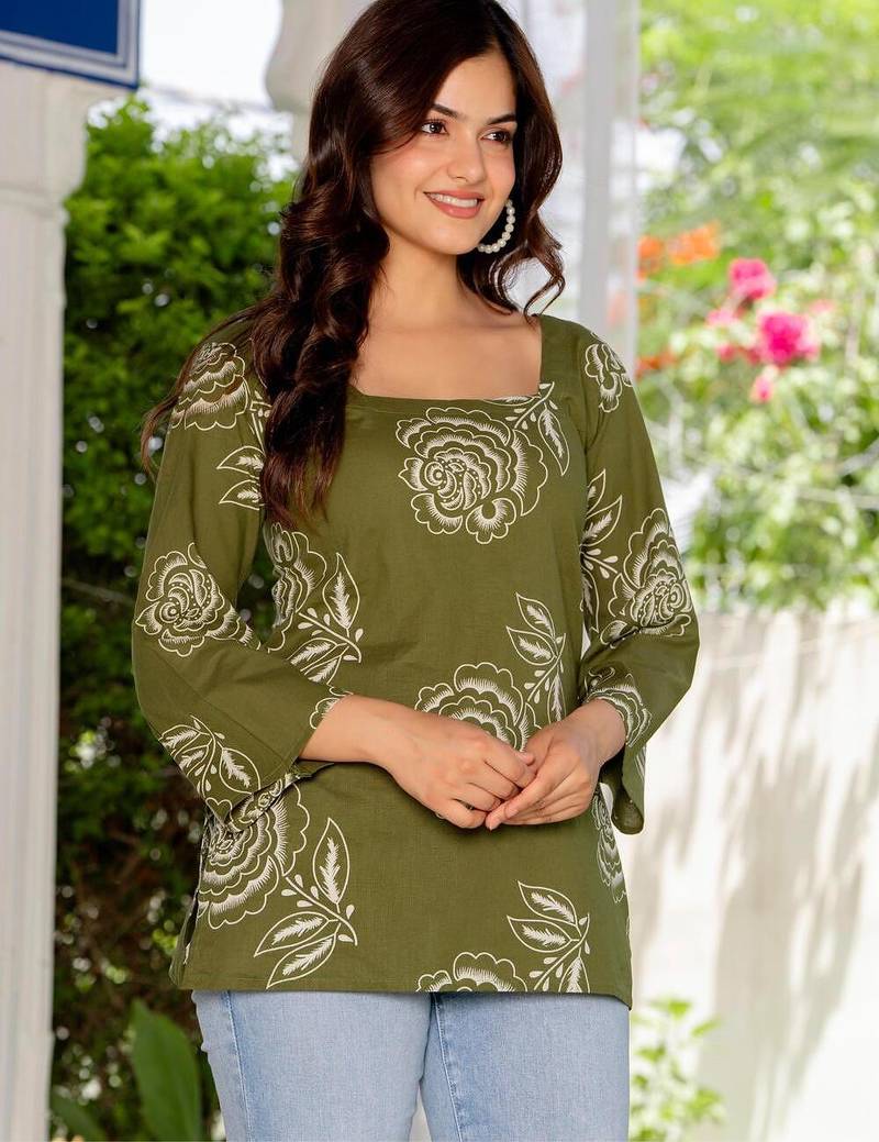 Olive floral printed cotton tunic short kurti top for women