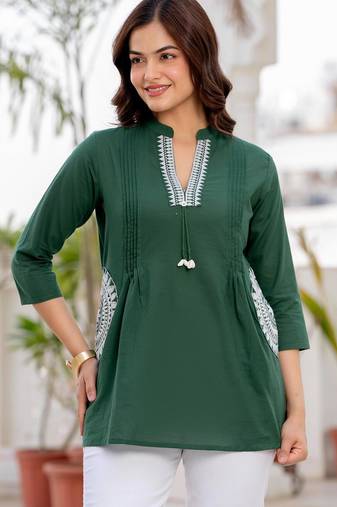 Green floral printed cotton tunic short kurti top for women